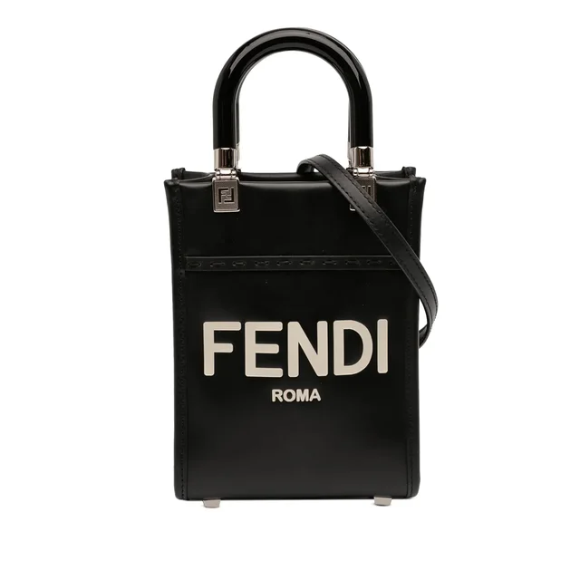 Black Fendi Mini Leather Sunshine Shopper Tote Satchel in Black Leather from Designer Revival