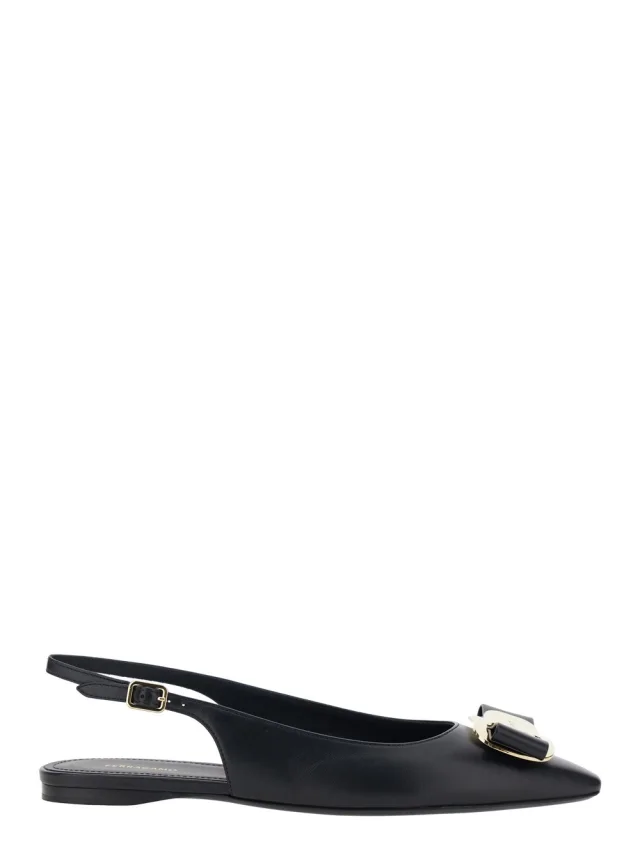 'Zelmi' Black Slingback Ballet Shoes with Logo Plate on the Front in Leather Woman in Black, image 1 of 1 from Gaudenzi Boutique