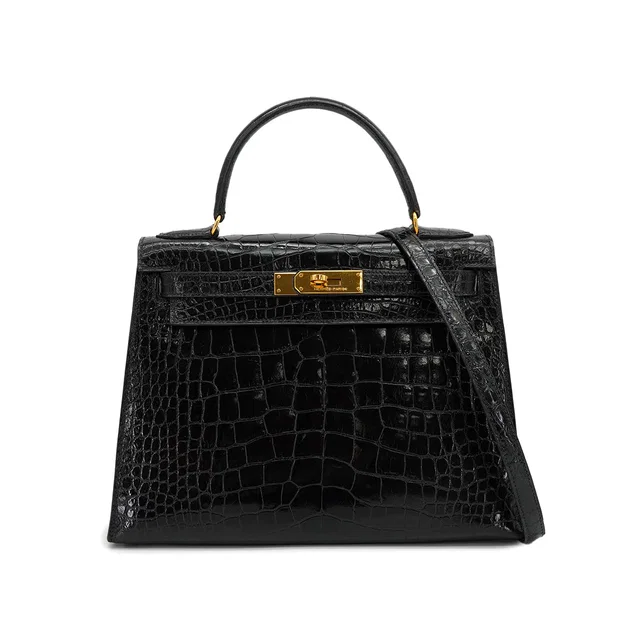 Hermès Kelly 28 Sellier Black Crocodile Alligator Hand Shoulder Bag 1988 Circle R Gold Hardware in Black Crocodile from Luxury Promise