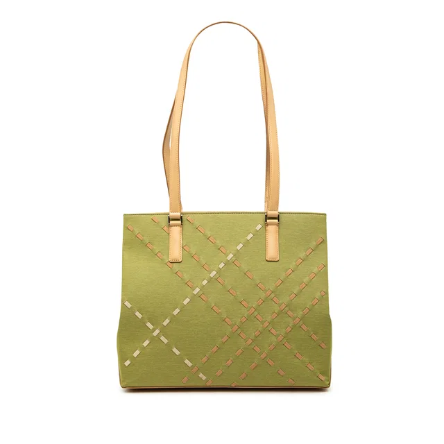 Green Burberry Stitched Supernova Check Canvas Tote in Green Canvas from Designer Revival