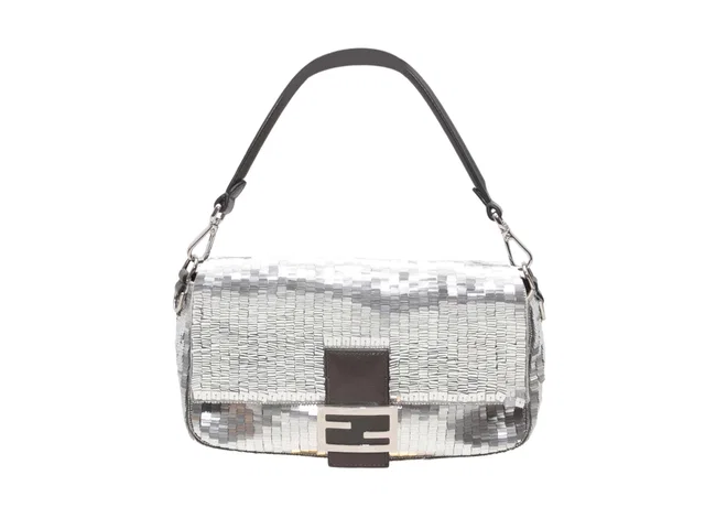 Silver & Black Fendi Sequin Baguette Bag in Black Leather from Designer Revival