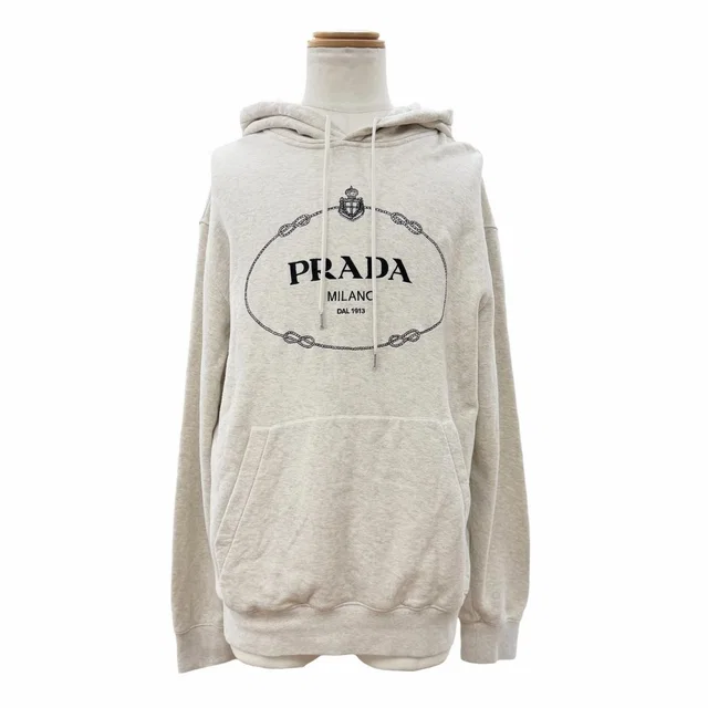 Prada 100% Cotton Front Logo Print Pullover Hoodie Light Gray in Grey from The Reluxe
