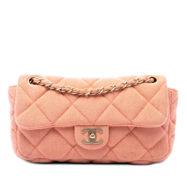 Pink Chanel CC Quilted Jersey East West Flap Shoulder Bag in Pink Woven leather from Designer Revival