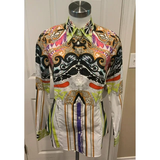 Etro Multicolor Striped Paisley Button-Up Shirt, Size 10 (Us) 44 (It) in white|blue from Poshmark