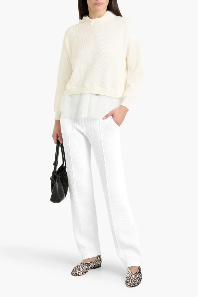 Brunello Cucinelli Layered Ribbed Cotton and Gauze Hoodie in White, photo 2 of 5 from THE OUTNET