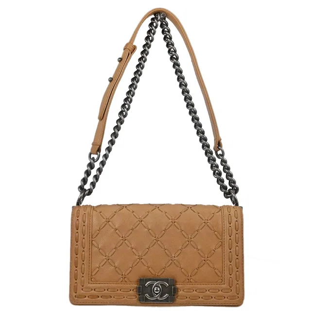 Boy Chanel 2014 Beige Caviar Medium Chain Shoulder Bag in Beige Caviar leather from AMORE Vintage Tokyo