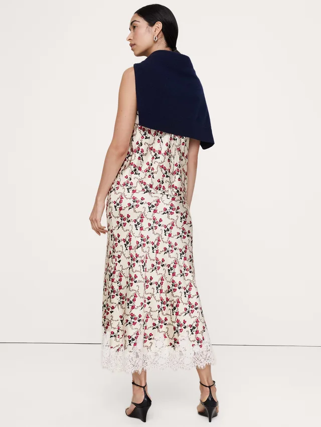 Banana Republic Stretch-Satin Lace-Trim Midi Skirt in Cream Floral, photo 3 of 5 from Banana Republic (US)