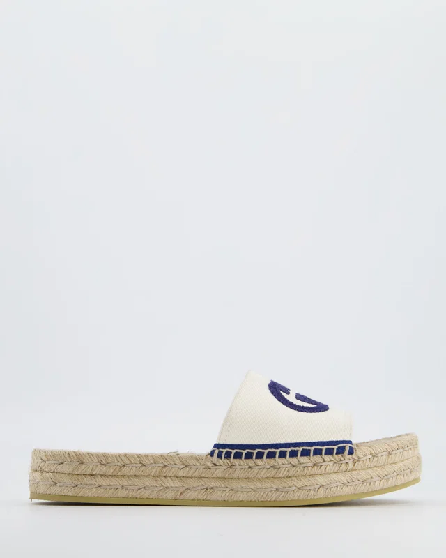 Gucci Beige Canvas & Raffia Platform Sandals with GG Logo Size EU 40.5 in Beige Canvas from Sellier