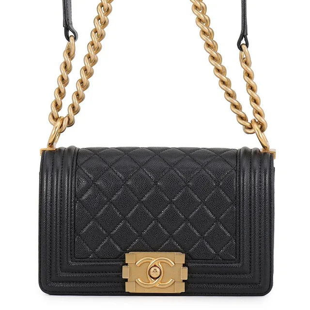 Chanel Chain Shoulder Bag Boy Small Quilted CC Logo Black in Black Caviar leather from The Reluxe