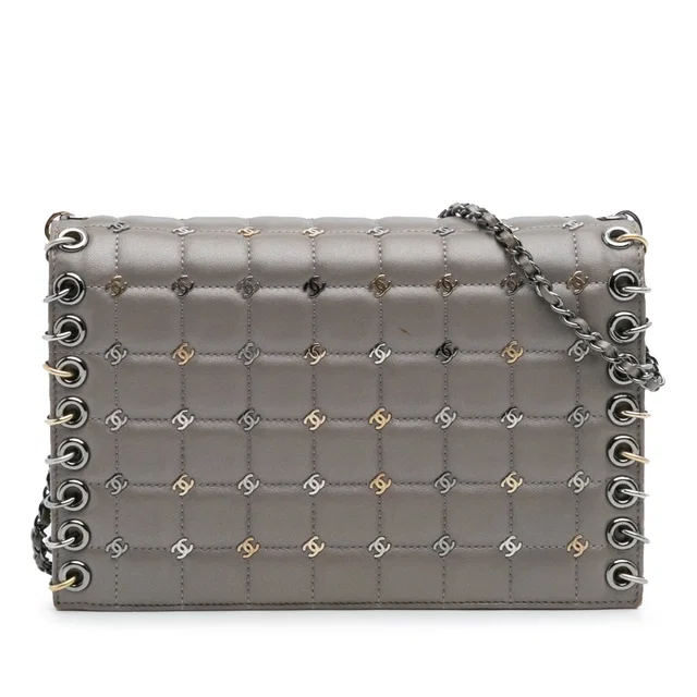 Gray Chanel Small Lambskin Chocolate Bar CC Piercing Studded Chain Flap Crossbody Bag in Brown Lambskin from Designer Revival