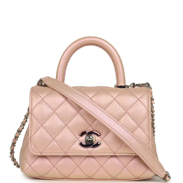 Chanel Micro Coco Handle Flap Bag Iridescent Pink Shiny Caviar Mixed Metal Hardware in Pink Caviar leather from Madison Avenue Couture