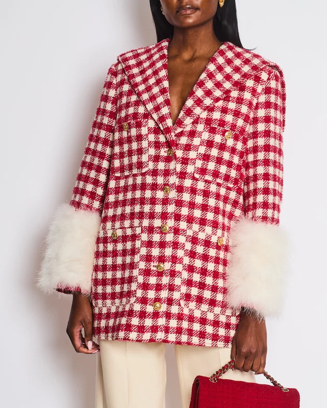 Gucci Red & Cream Houndstooth Long Blazer Jacket with White Fur Sleeve Details & GG Gold Buttons… in White Wool from Sellier