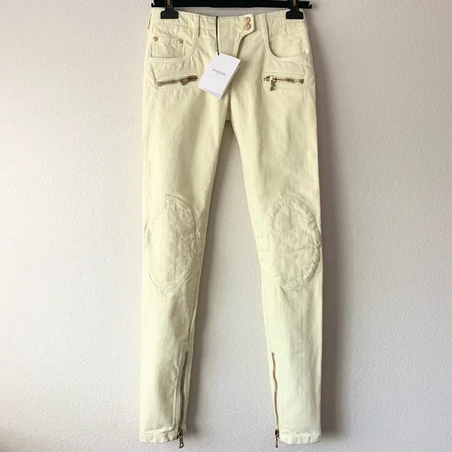 Balmain Lion Head Quilted Moto Jeans in yellow|gold Denim from Poshmark