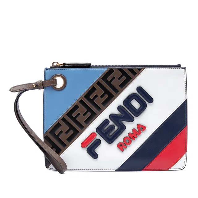 Blue Fendi Fila Mania Multicolor Zucca Embossed Leather Clutch in Blue Leather from Designer Revival