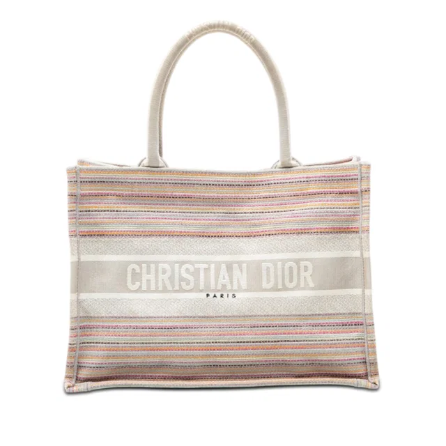Gray Dior Medium Embroidered Canvas Stripes Book Tote in Grey Canvas from Designer Revival