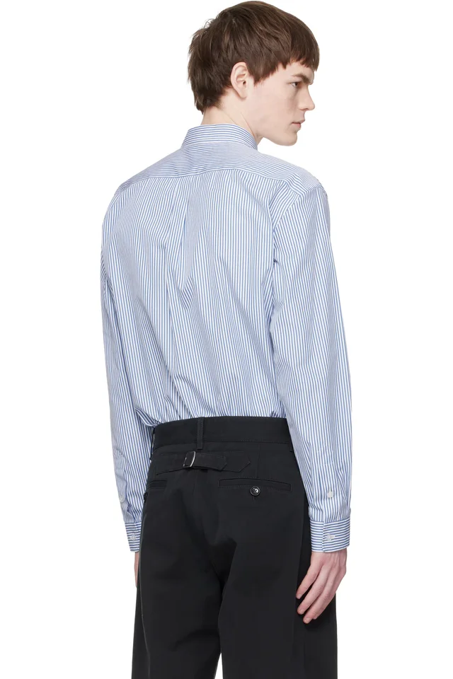 BALMAIN Blue & White Embroidered Pinstripe Popeline Regular Shirt, photo 3 of 5 from SSENSE