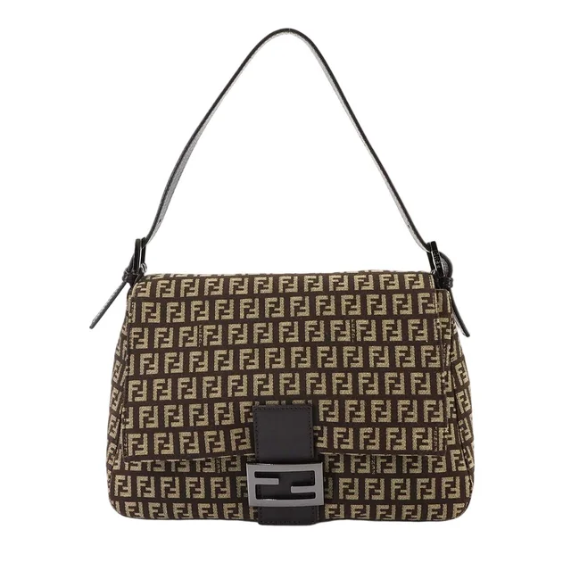Fendi Zucchino Mamma Baguette Shoulder Bag Canvas Brown Gunmetal in Brown Canvas from The Reluxe