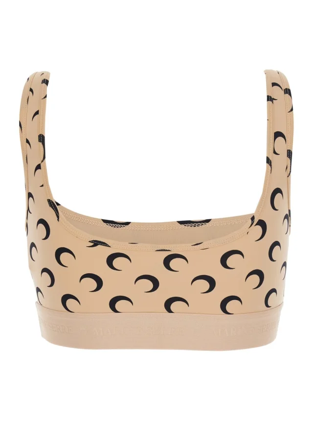 MARINE SERRE Beige Sports Bra with Moon All-Over Print and Logo Lettering in Tech Fabric for Women in Beige 88% Polyamide 12% Elastane, photo 3 of 6 from Gaudenzi Boutique