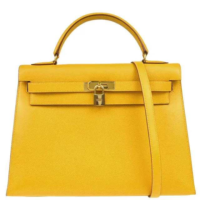 Hermès Jaune Courchevel Kelly 32 Sellier Handbag in Yellow Leather from AMORE Vintage Tokyo