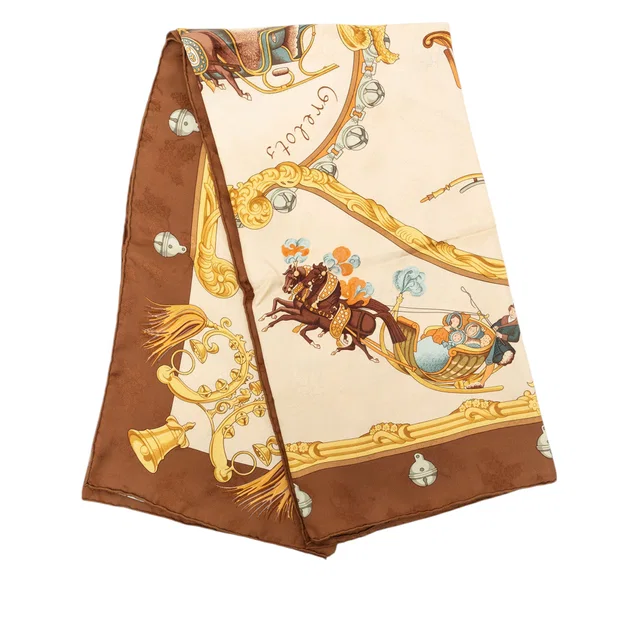 Beige Hermès Plumes Et Grelots Silk Scarf 90 Scarves in Beige Silk from Designer Revival
