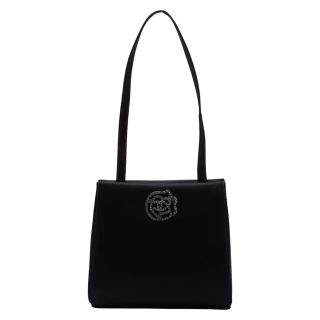 Chanel Circa 2000 Satin Camellia Plate Handbag Mini Black in Black Satin from VINTAGE QOO TOKYO