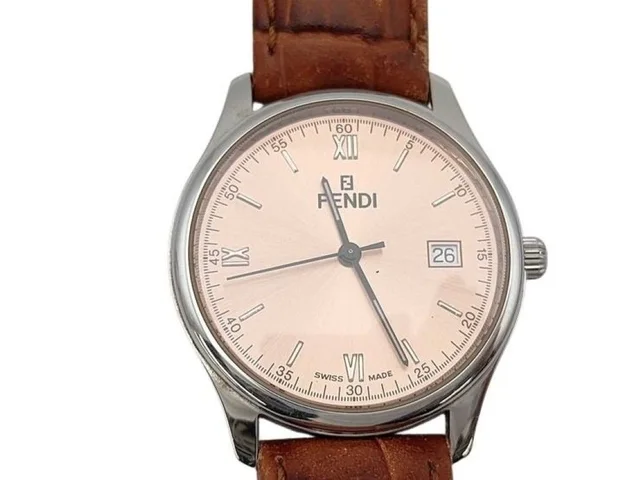 Fendi Watch Olologi Pink Dial Silver Brown Stainless Steel Leather in Brown Leather from The Reluxe