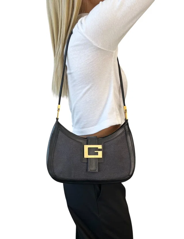 Gucci Vintage G Square Logo Shoulder Bag Magnet Black Gold Cotton Leather in Black Leather from Luxury Promise