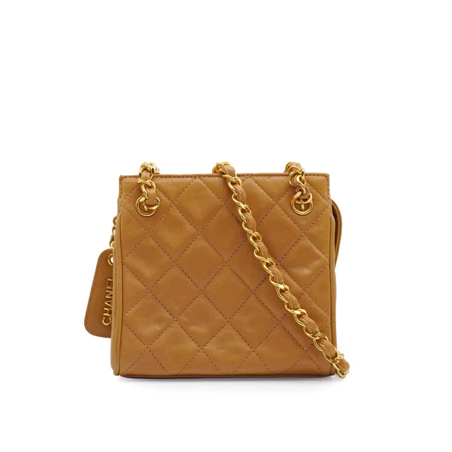 Chanel Vintage Matelasse Chain Shoulder Bag Brown Lamb Skin Gold Hardware in Brown from Luxury Promise