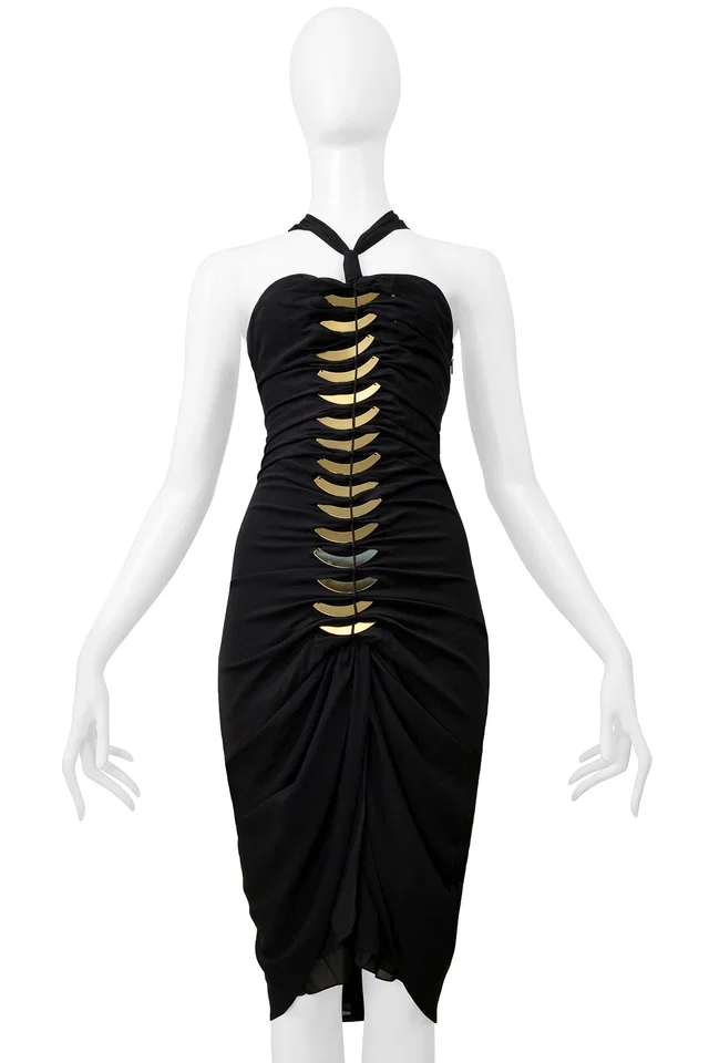 Gucci By Tom Ford Black Cutout Dress With Gold Fan Hardware 2004 in Black Silk from Resurrection Vintage