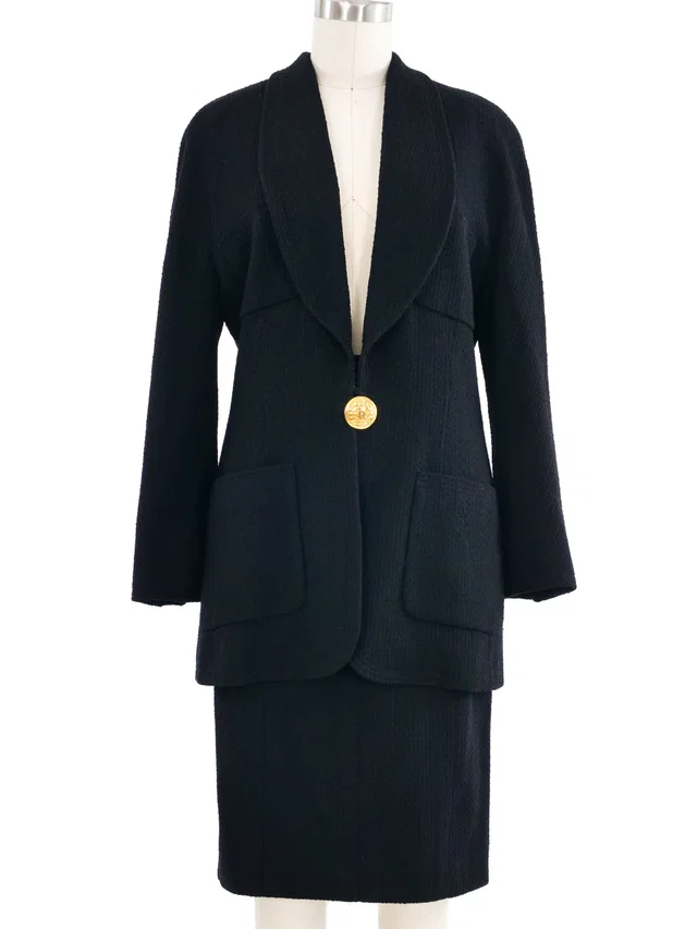 1989 Chanel Black Wool Single Breasted Skirt Suit in Black Wool from Arcade Vintage