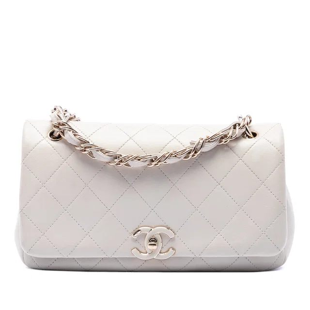White Chanel Large Quilted Lambskin Twist Chain Enamel CC Flap Crossbody Bag in White Lambskin from Designer Revival