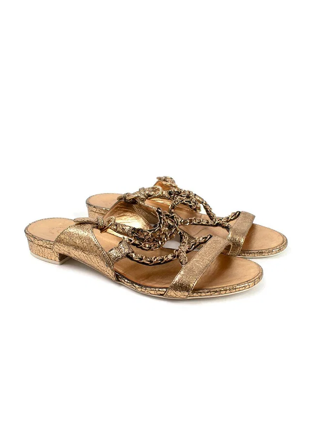 Chanel Metallic Gold Leather Chain Detail Sandals in Gold Leather from HEWI
