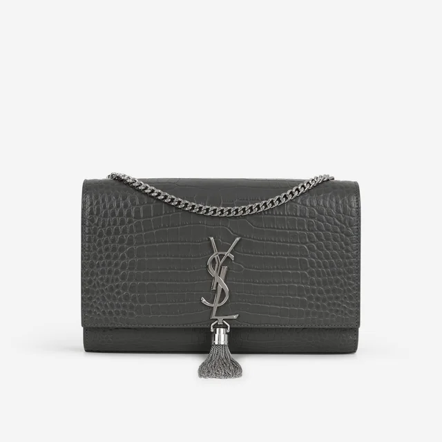 Saint Laurent Medium Kate Tassel Bag - Grey Croc Embossed | Silver Hardware in Grey Calfskin from Bagista