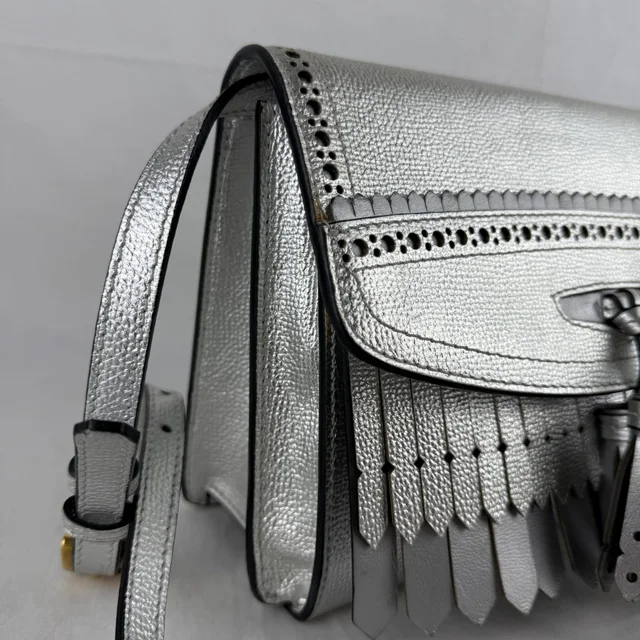Burberry Silver Leather Fringed Macken Crossbody Bag in Silver GHW, Leather, Metal, Perforated leather from Reowned, photo 2 of 10