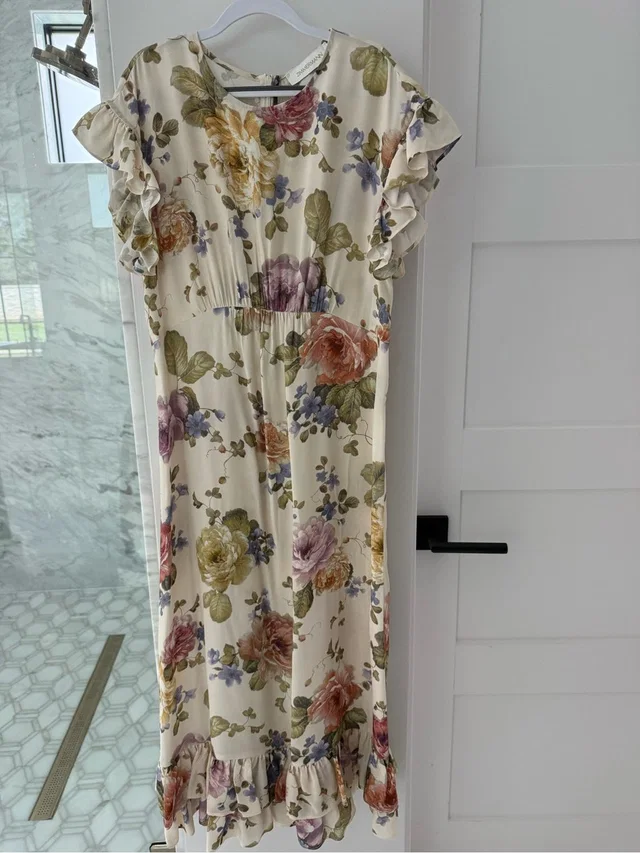 Zimmermann Cream Floral Midi Dress With Multicolor Roses in pink from Poshmark
