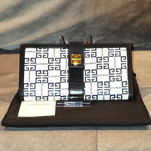 Givenchy Vintage Navy Blue Monogram Bi-Fold Snap Long Wallet With Dustbag in blue|white Leather from Poshmark