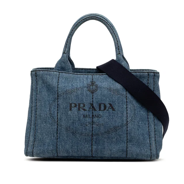 Blue Prada Small Denim Canapa Logo Tote Satchel in Blue Denim from Designer Revival
