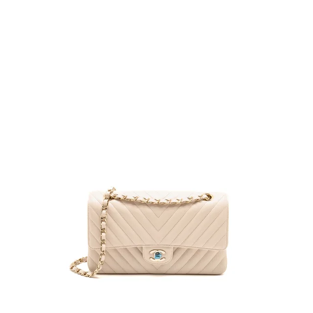 Chanel Medium Classic Double Flap Bag Chevron Caviar Light Beige LGHW in Beige Caviar leather from EMIER