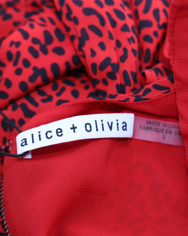 Alice + Olivia Leopard Print Long Sleeve Dress in Red Viscose in Red, photo 4 of 6 from ShopSimon