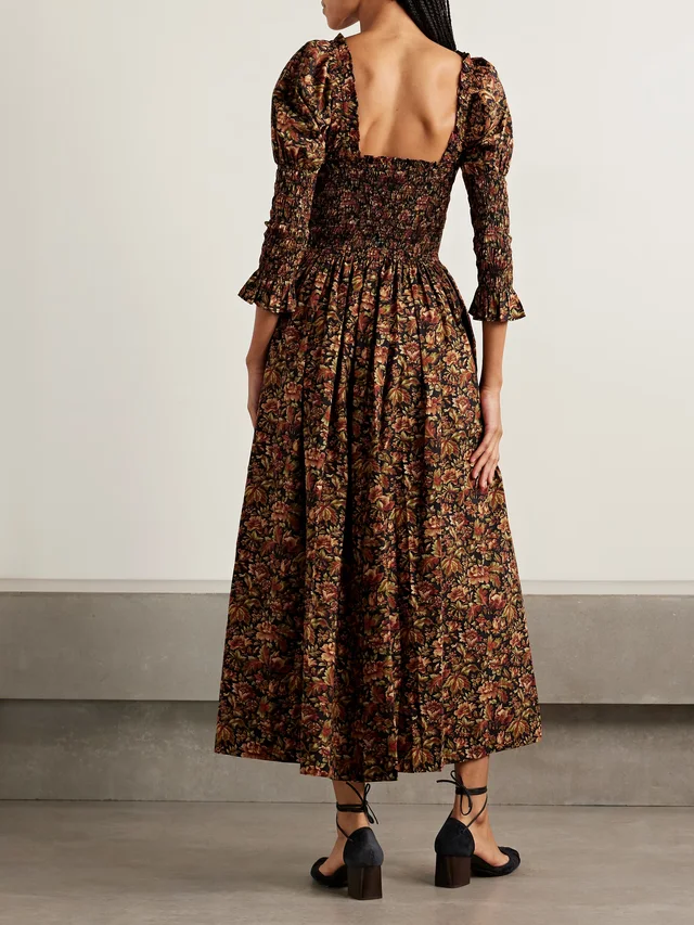 DÔEN Bijou shirred floral-print organic cotton-voile midi dress in black 100% Organic Cotton, photo 3 of 4 from NET-A-PORTER (Canada)