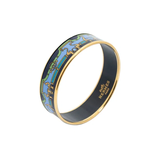 Hermès Enamel Bangle Navy Green Gold Print Motif Bracelet in Navy from The Reluxe