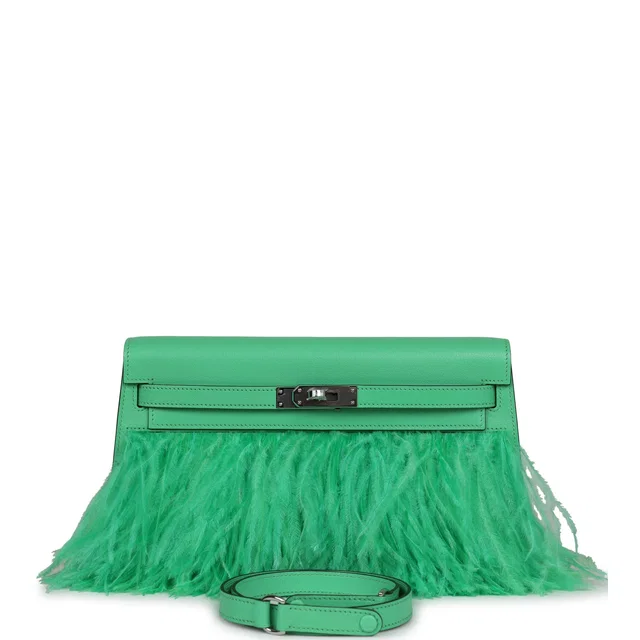 Hermès Kelly Elan Foile Vert Comics Chevre and Ostrich Feather Palladium Hardware in Green Goatskin from Madison Avenue Couture