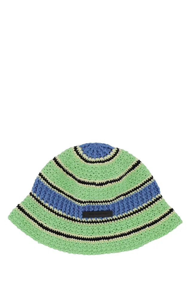 Stella McCartney Crochet-Knit Striped Bucket Hat — Green Exterior: Cotton in Green Woven leather from HEWI