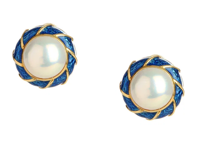 Tiffany & Co. Vintage 18K Yellow Gold Blue Enamel and Mabe Pearl Earrings in Blue from Ann's Fabulous Finds