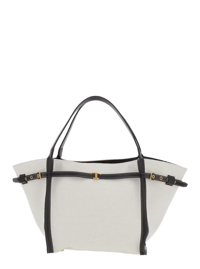 White Tote Bag with Front Leather Buckled Belt in Cotton Blend Woman in White, image 1 of 1 from Gaudenzi Boutique