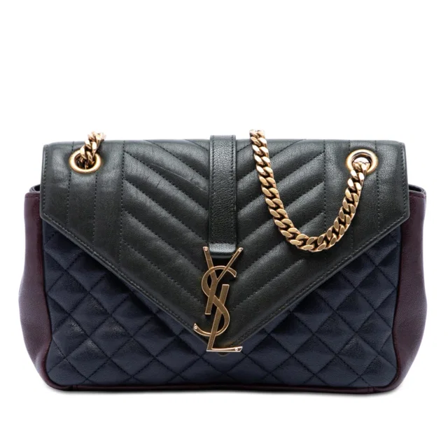 Green Saint Laurent Medium Triquilt Tricolor Sheepskin Monogram College Bag in Green Leather from Designer Revival