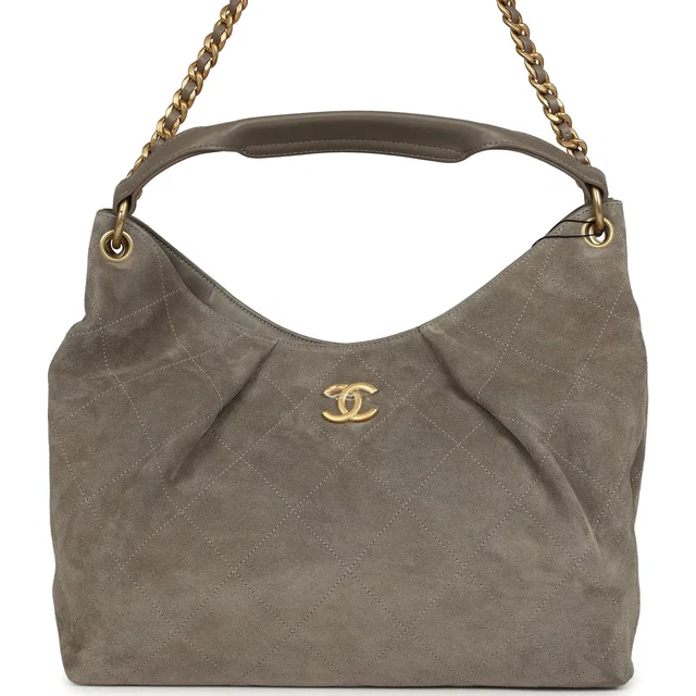 Chanel Maxi Hobo Bag Dark Grey Suede Antique Gold Hardware in Grey Suede from Madison Avenue Couture