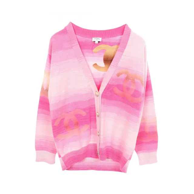 Chanel Cardigan CC Logo Neck Pink Cotton Cashmere Big Button in Pink Cashmere from The Reluxe