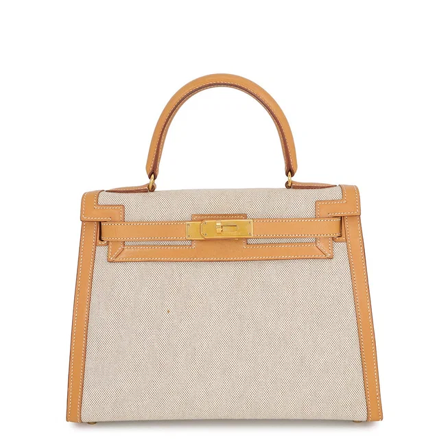 Hermès Kelly Sellier Natural Toile H Box Calf Leather Size 28 in Beige Box leather from GALLERY RARE