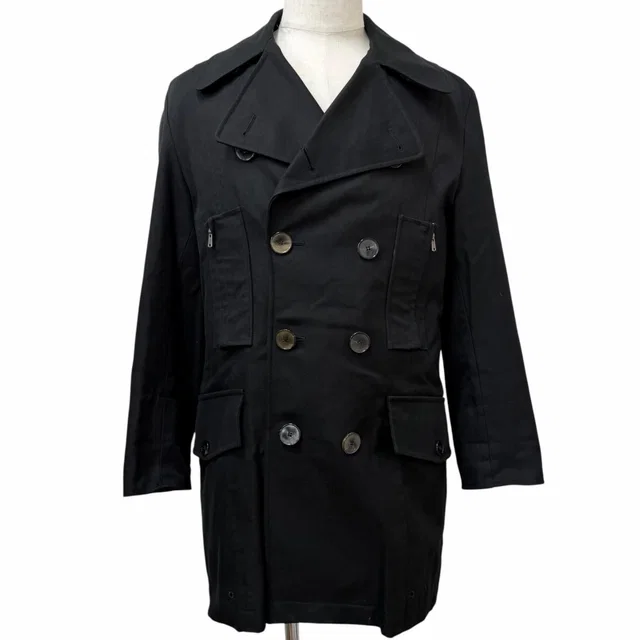 Vintage Cotton Rive Gauche Big YSL Double Breasted Pea Coat Black in Black from The Reluxe